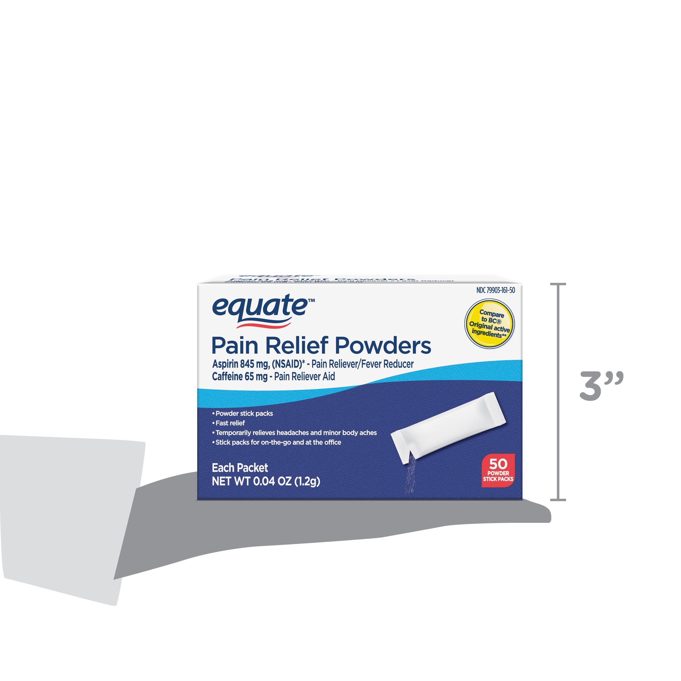 Equate Pain Relief Powder Stick Packets, Aspirin and Caffeine, 845 mg/65 mg, 50 Count, Compare to BC® Original Active Ingredients