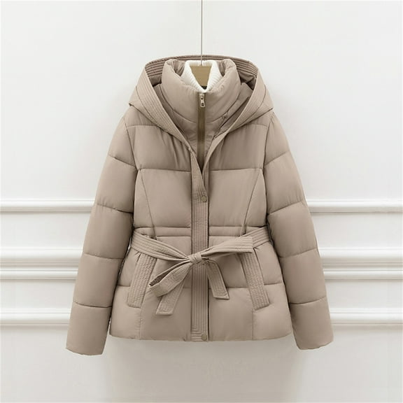 gbyLJF Women's Winter Casual Coat Solid Color Thickened Cotton-padded Jacket Hooded Warm Outwear with Belt