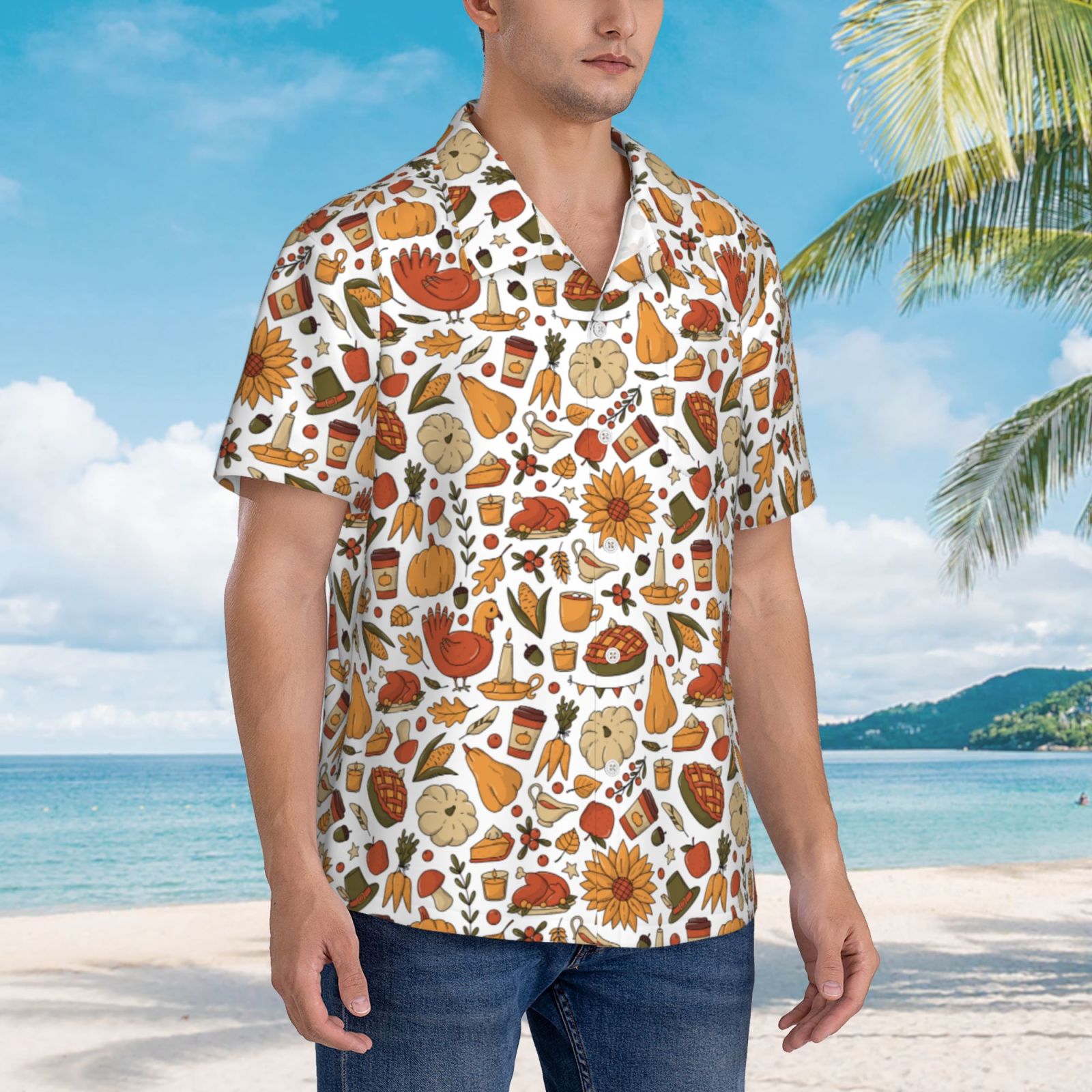 Logiee Thanksgiving Food Print Mens Hawaiian Shirts,Loose-Fit Short Sleeve Button Down Tropical Aloha Beach Shirt,Summer Vacation Wedding Tops,Small