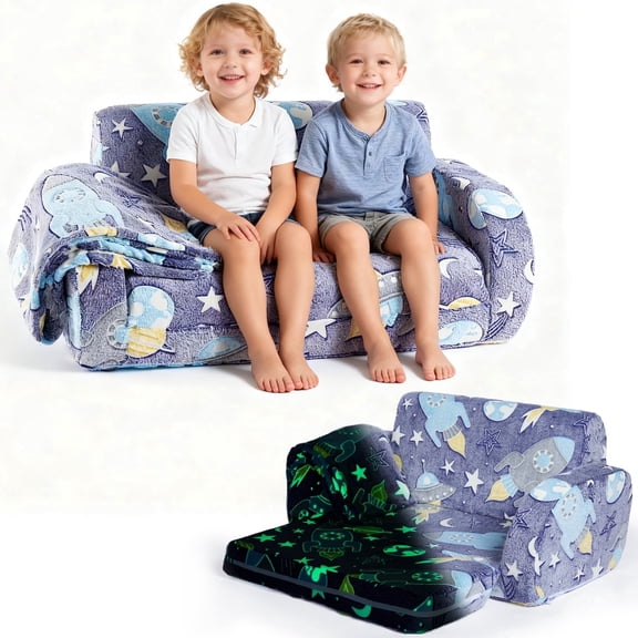 Kids Sofa Toddler Couch 2-in-1 Extra Wide Glow in the Dark Open Couch Foldable Convertible Toddler Bed for Boys Girls, Grey