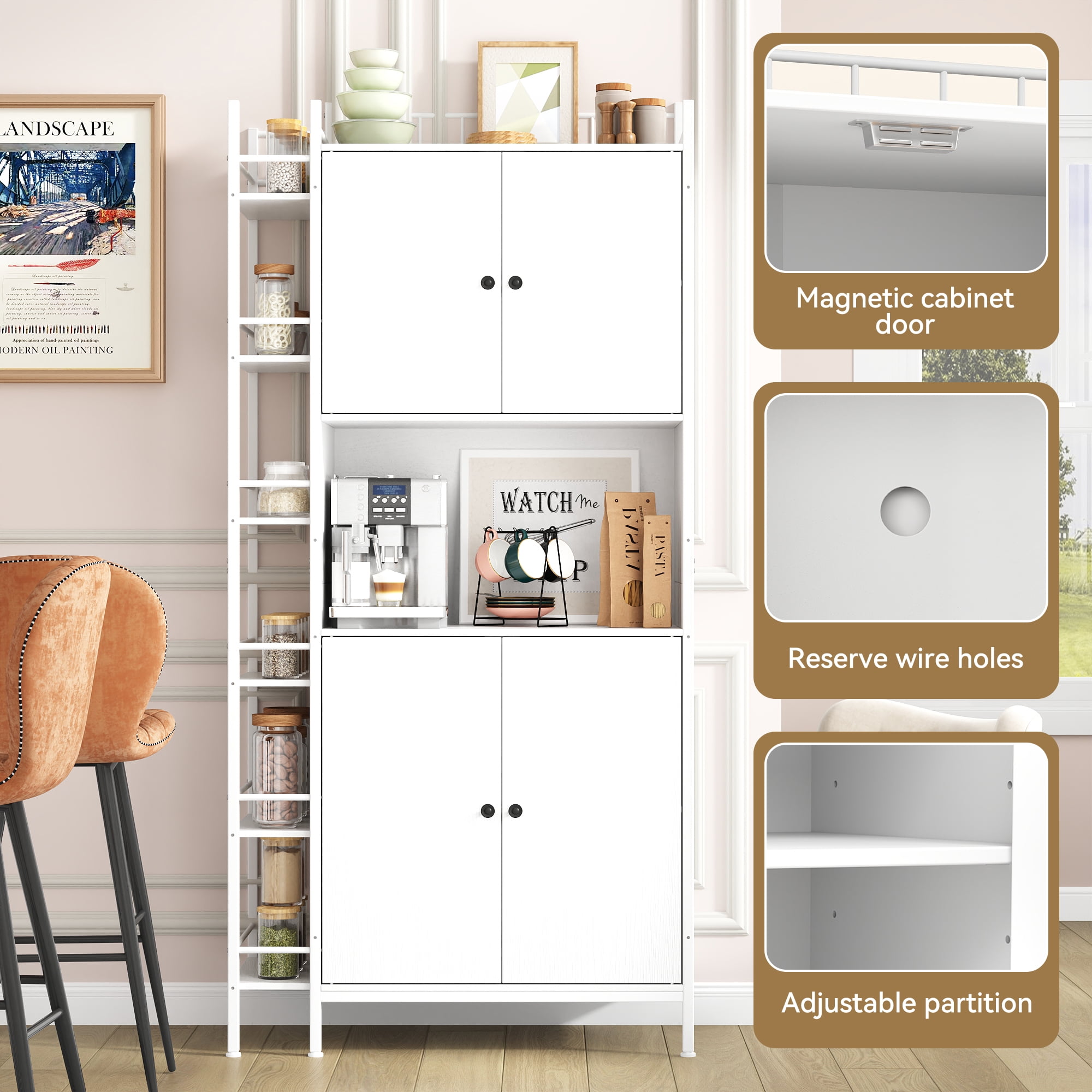 IDEALSOUL Pantry Storage Cabinets, 70.8" Kitchen Pantry Cabinet with Side Shelf, 2 Doors and 3 Shelves, White
