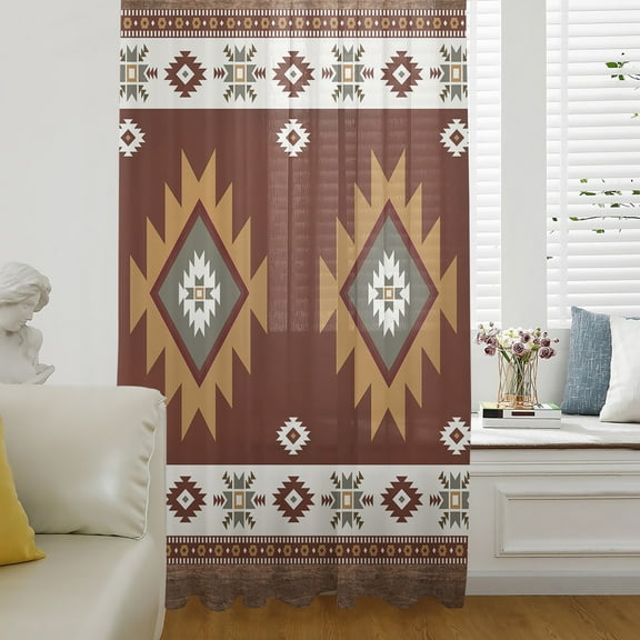 Southwest Semi Sheer Curtains Drapes for Living Room,Bedroom,French Doors Window 84 Inches Long,Western Brown Beige Geometric Abstract Art Wooden Rod Pocket Chiffon Curtain Drapery Voile Drape Panel