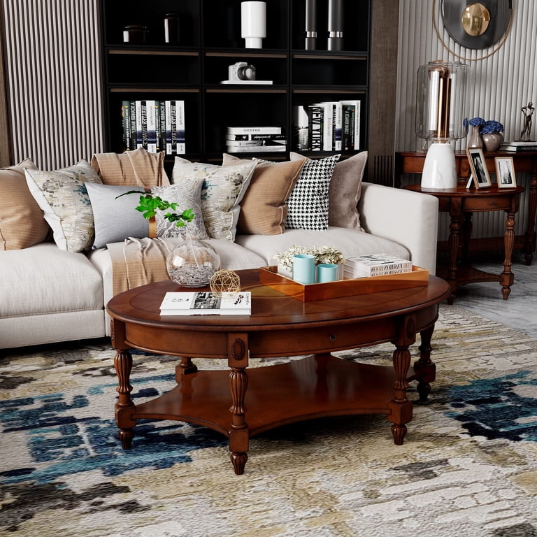 JESONVID Solid Wood Oval Coffee Table with Drawer and Storage