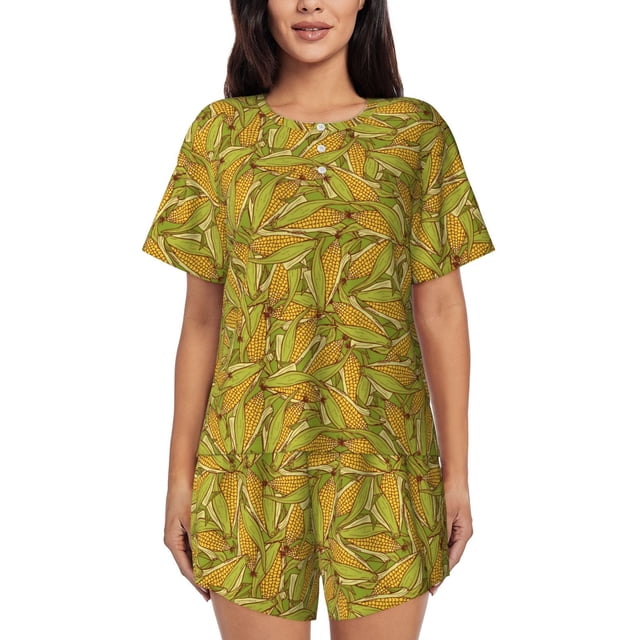 Balery Corn 6 Conjunto de Pijama para Mujer con Estampado, Dos Piezas de Manga Corta y Shorts, Ropa de Dormir Suave con Cuello Redondo y Bolsillos-Medium