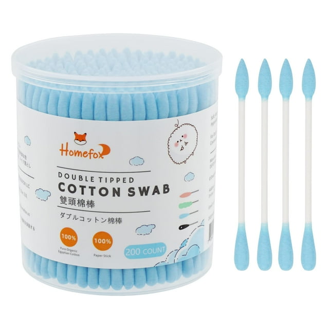 HOMEFOX Cotons-Tiges Bleus Pointus de Précision - 200 Unités Cotons-Tiges Biologiques Double Face Embouts en Coton Doux Sans Peluches Sans Cruauté, Pointus & Ronds (Bleu)