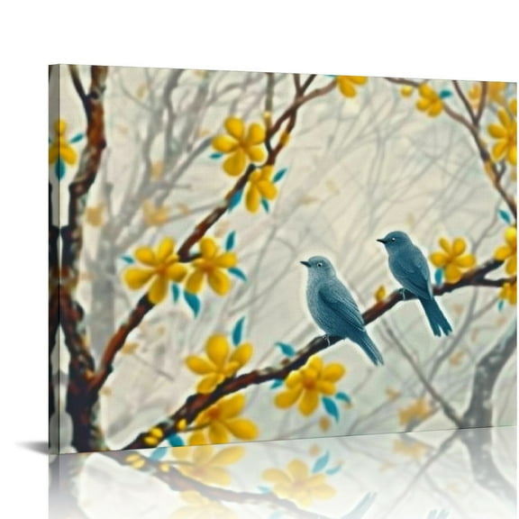 FCXZI Tree Bird Canvas Wall Art Loving Birds on Yellow Tree Branch Romantic Artwork Picture Print for Bedroom Living Room Decor 16x12in