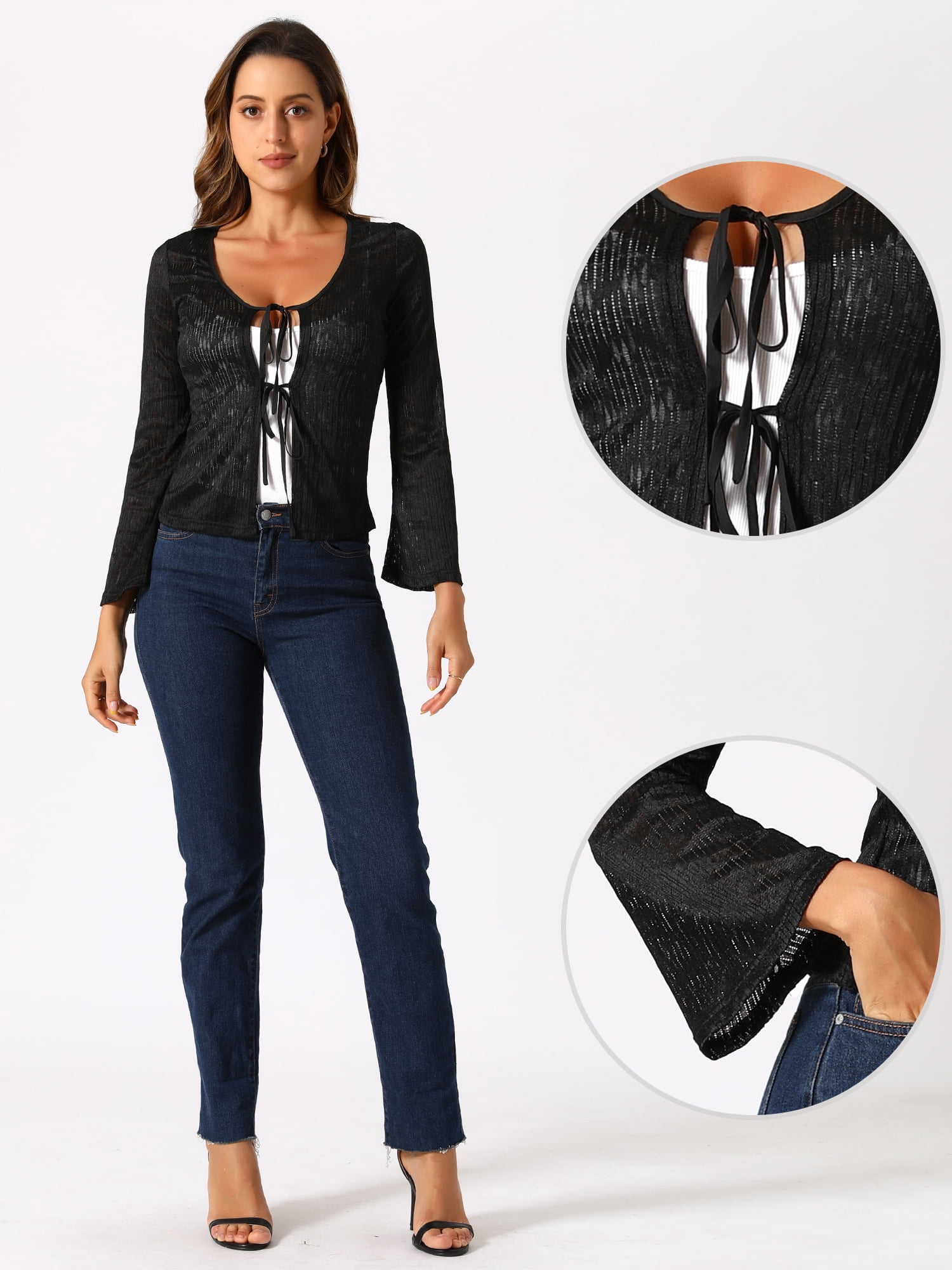 DARING DIVA Women's Tie Front Bell Long Sleeve Bolero Cardigan Shrug S Black