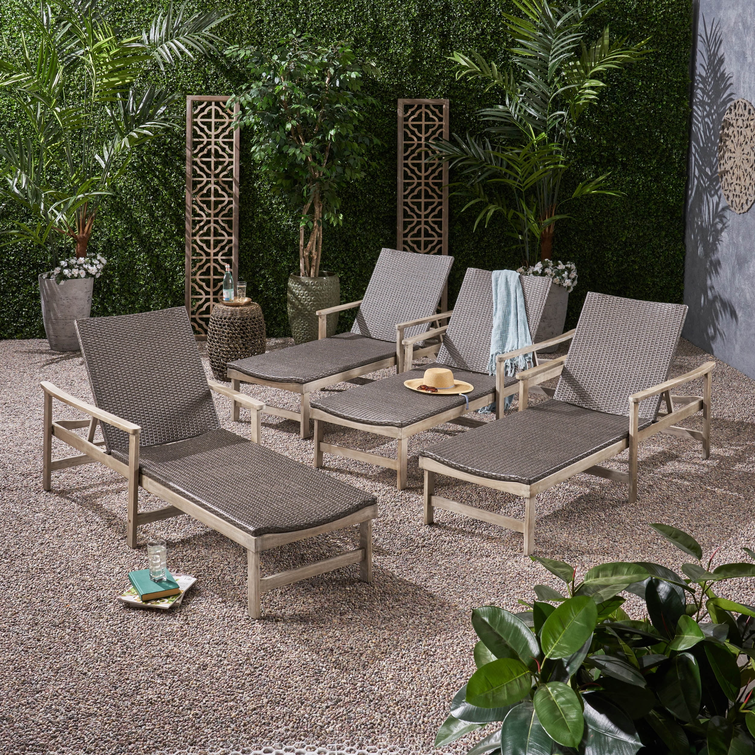Camdyn Outdoor Rustic Acacia Wood Chaise Lounge with Wicker Seating (Set of 4), Light Gray and