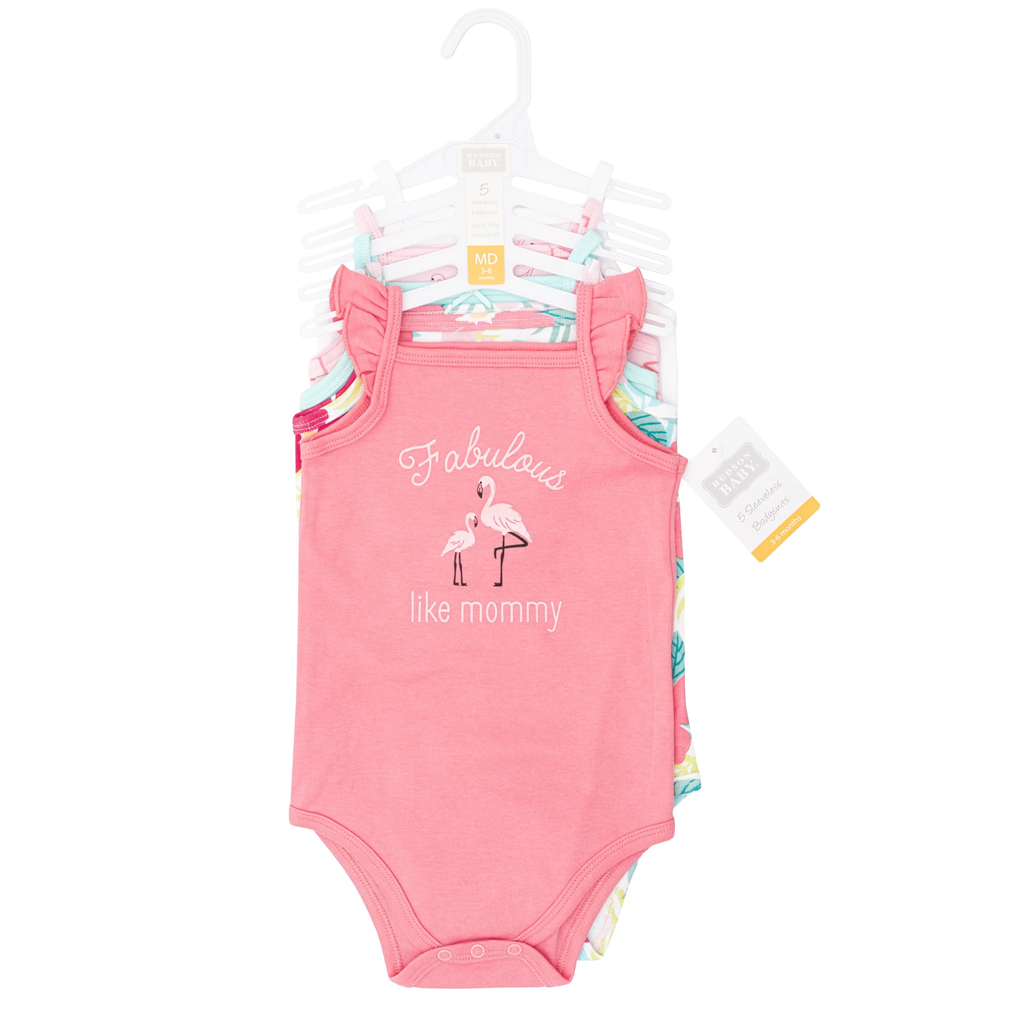 Hudson Baby Girl Cotton Sleeveless Bodysuits 5-Pack, Tropical Flamingo, Preemie
