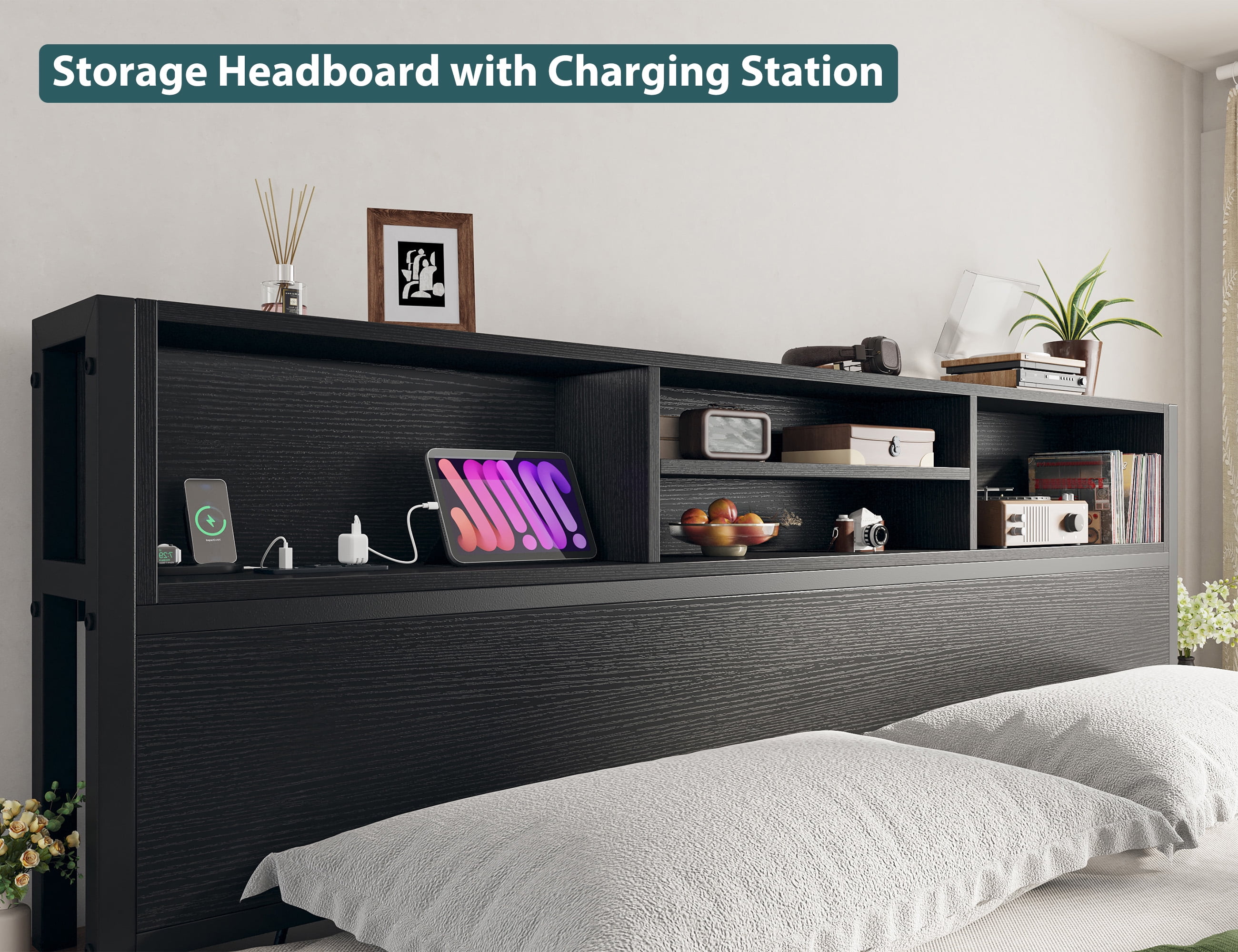 EnHomee King Metal Platform Bed Frame with 6 Storage Drawers & Storage Shelf & Charge Station,Black