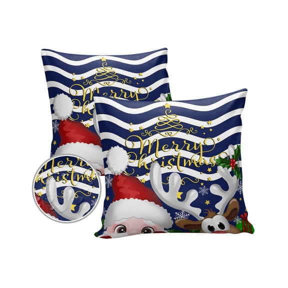 Pack of 2 Outdoor Pillow Covers, Merry Christmas Santa Claus Elk Navy Blue Wavy Stripes Waterproof Square Throw Pillowcase Cushion Decorative Pillow Covers for Couch Patio Tent, 18x18 in