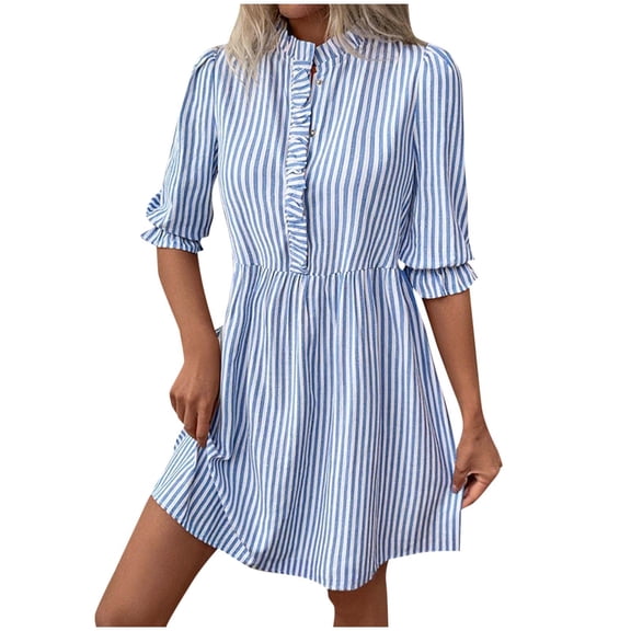 Efsteb Women's Ruffle Trim Striped Mini Dresses Fashion Button High Waist Shirt Dress Casual Puff Sleeve Lapel Sundress (Blue,L)