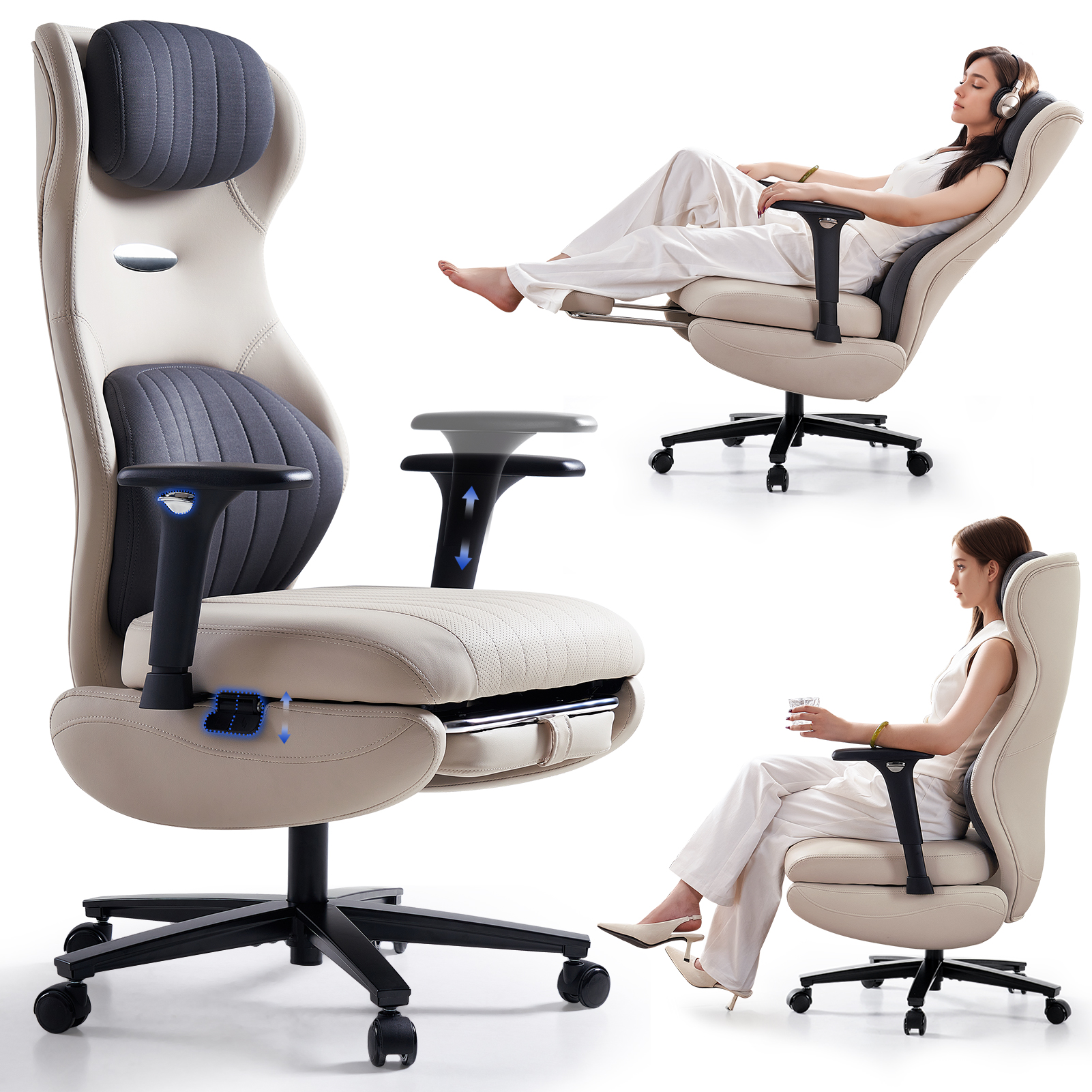 EMIAH Ergonomic Office Chair with Foot Rest Reclining Office Chair with Adjustable Arms and Headrest High Back Gaming Chair with Lumbar Support, PU Leather Beige
