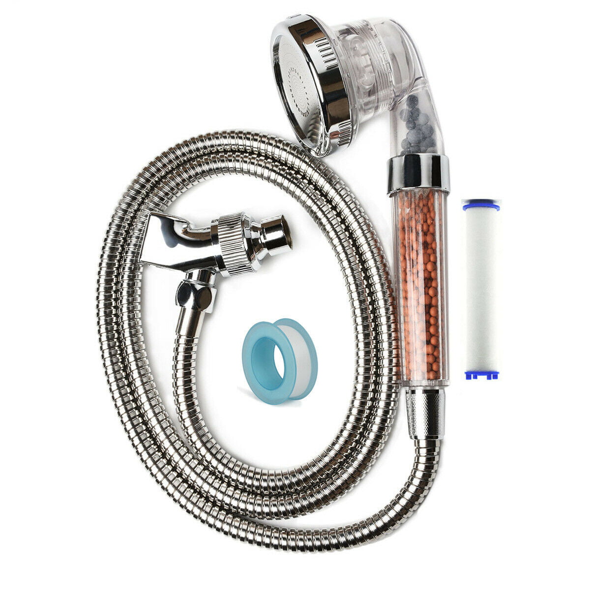Three spray setting hand held shower head with 5ft stainless steel shower hose . 