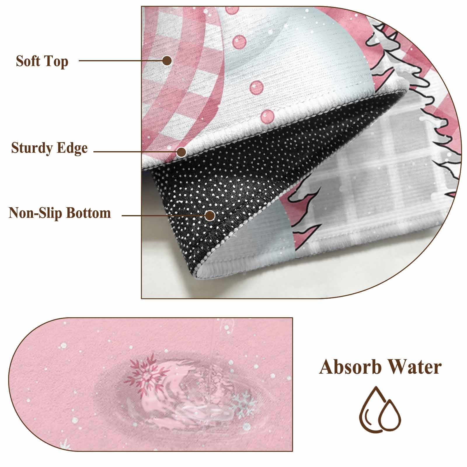 Pink Snowman Christmas Bathroom Mat 2x3 FT, Non Slip Small Kitchen Mat, Winter Snowflake Xmas Tree Pink Grey Plaid Washable Soft Backed Front Door Throw Rug Indoor Outdoor Doormat for Entryway Sink