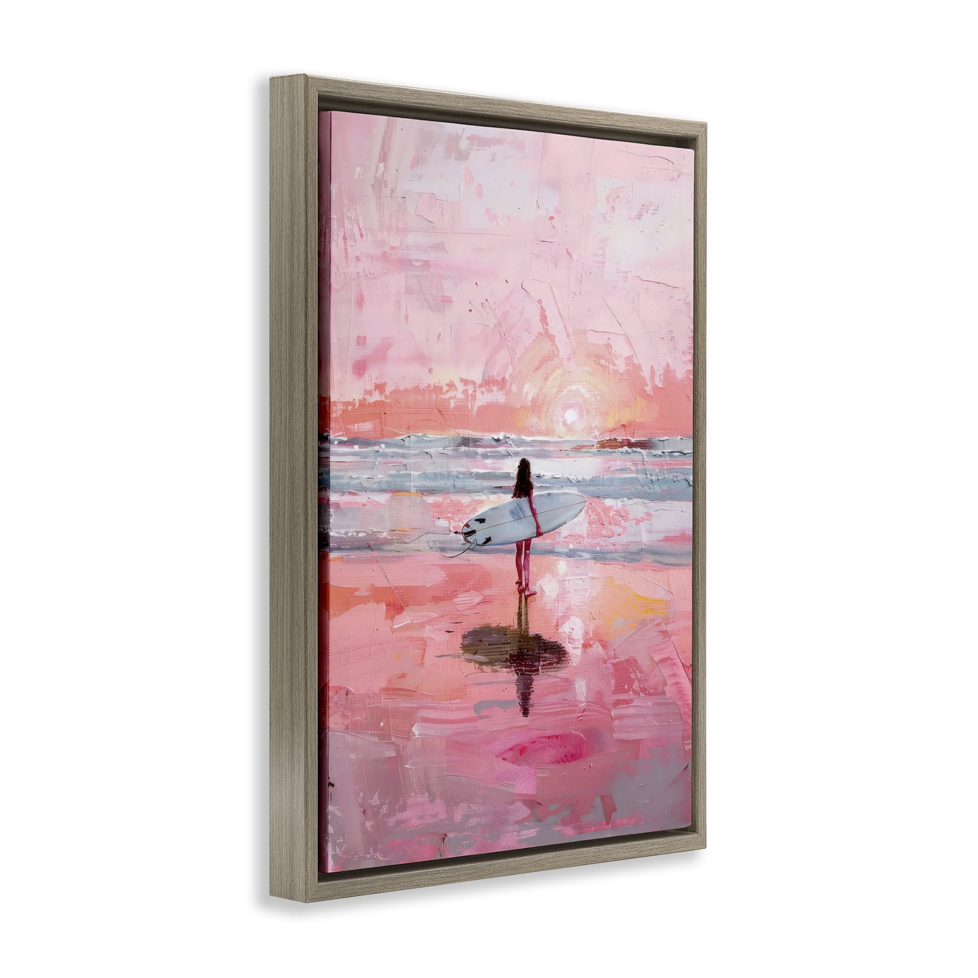 Stupell Industries Surfer at Pink Sunset Brown Framed Floater Canvas Wall Art, design by Creative Studio