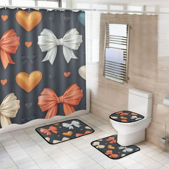 Ryvnso 4 Pcs Beautiful Bows Bathroom Shower Curtain Set with 12 Hooks Bath Mat Toilet Lid Cover