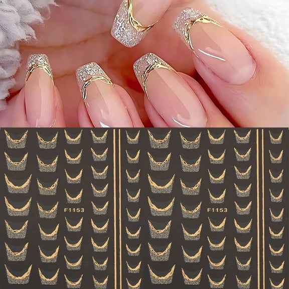 2 Pieces Gold Glitter French Line Nail Art Stickers - Elegant Metallic Lace Stripe Tape for DIY Nail Designs
