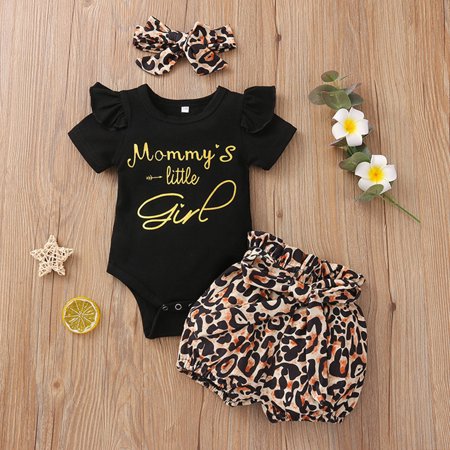 

DAETIROS Prevalent Letter Leopard Romper New Daily 3Pcs Girls Shorts Black