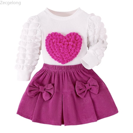 Zecgelong Baby Girls Spring And Autumn Long Sleeve Heart Blouse + Bow Skirt Two Piece Set Girls 2 Piece Sets Age 6-9 Months