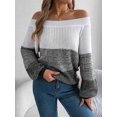 thumbnail image 2 of Women Crochet Knit Casual Color Block Off Shoulder Trendy Sweaters Pullover Lantern Sleeve Warm Tops Black L, 2 of 8