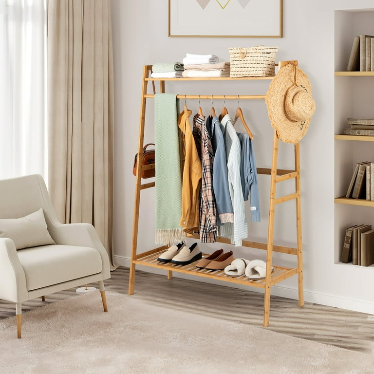 Bamboo Clothes Hanging Rack with 2-Tier Storage Shelf for Entryway Bedroom-Natural | Costway