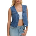 thumbnail image 4 of Women's Cropped Denim Vest V Neck Western Button Up Sleeveless Jean Waistcoat Jacket XL Blue, 4 of 6