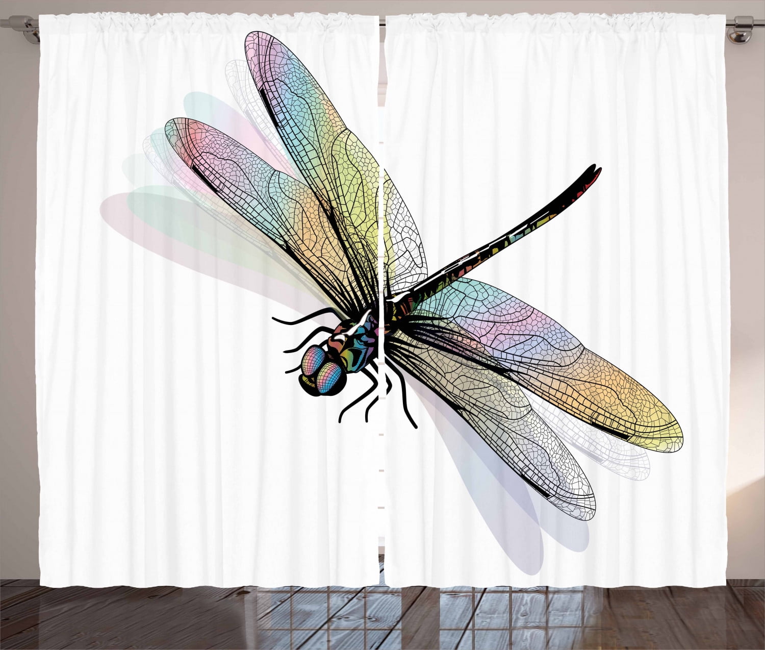 Dragonfly Curtains 2 Panels Set, Shady Dragonfly Pattern with Ornate