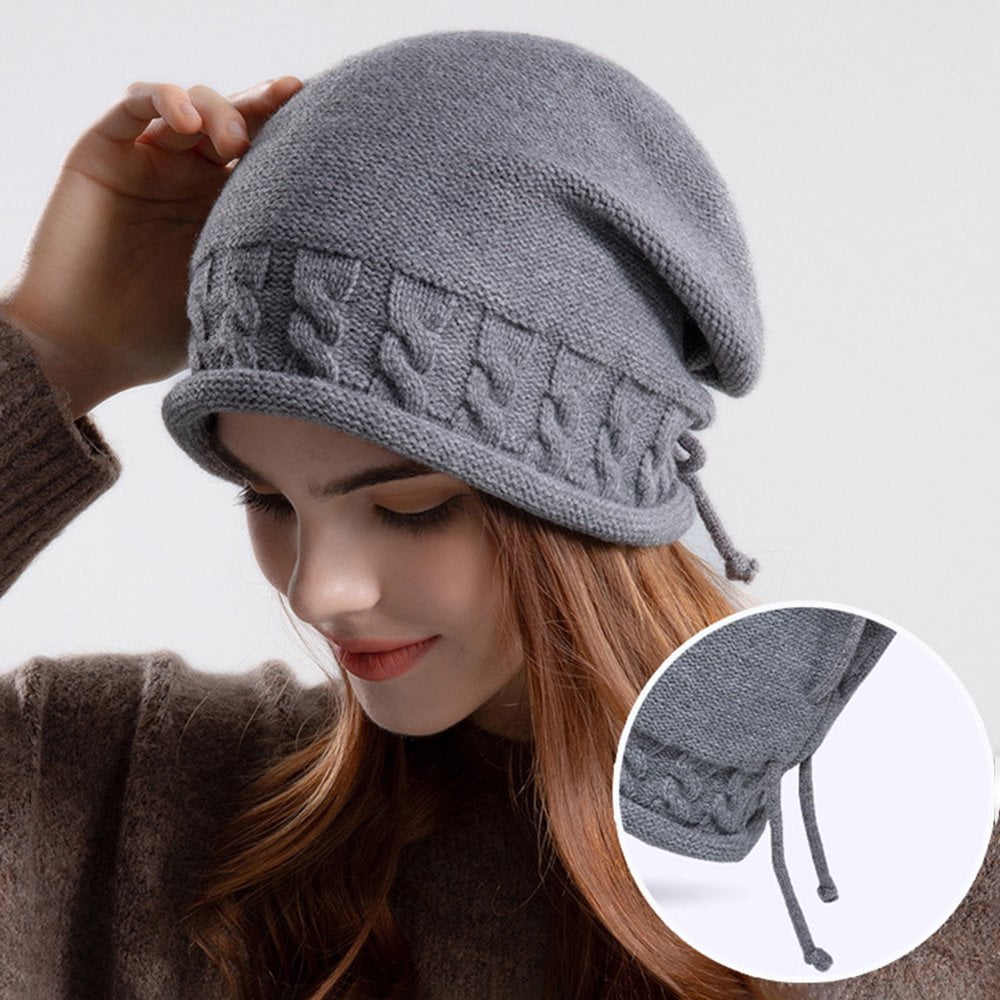 Adjustable Drawstring Hemming Twist Texture Knitting Hat Women