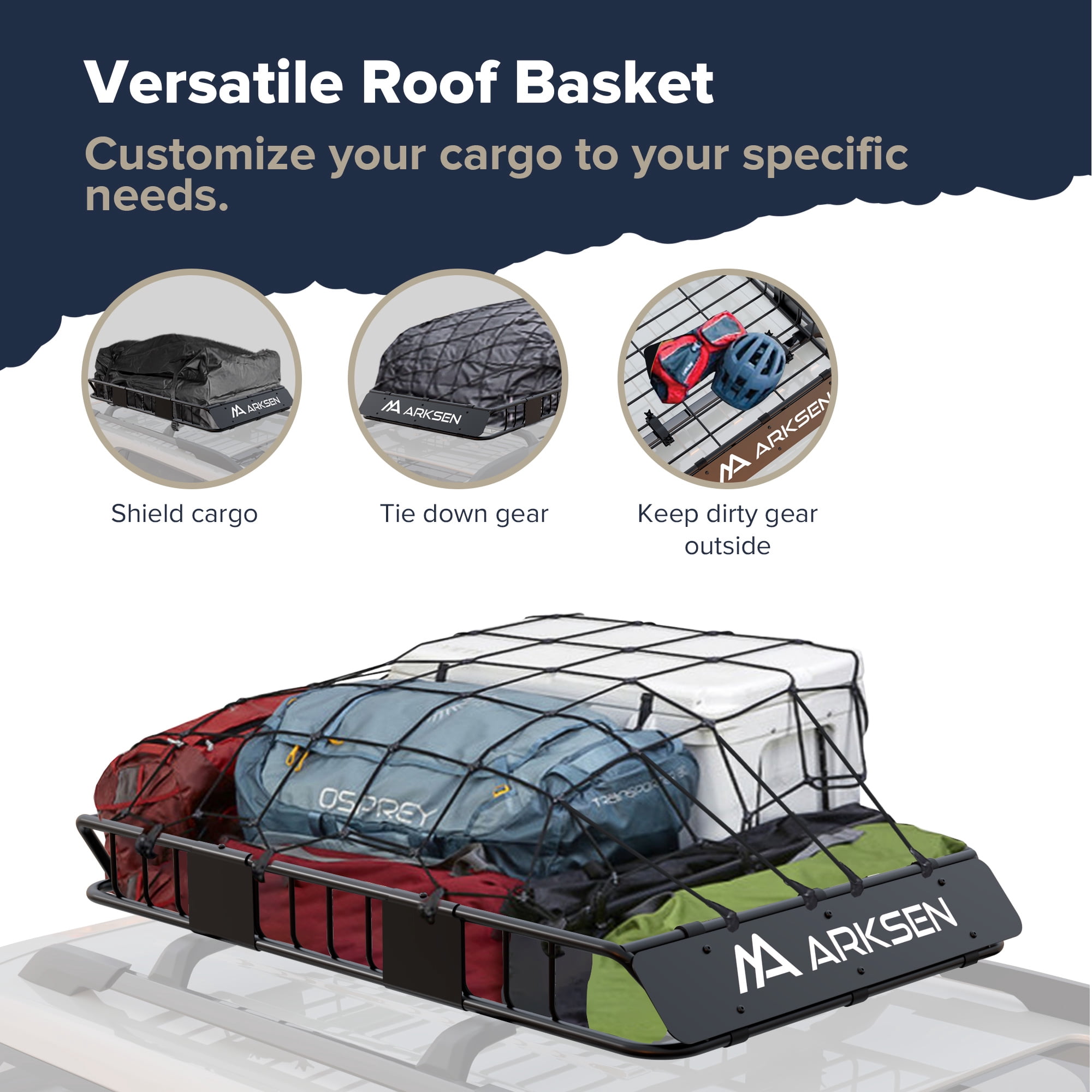 ARKSEN 54x34x6 inch Heavy Duty Roof Rack Cargo Carrier w/ 600D Waterproof Cargo Bag, Tie Down Straps, Net, Universal Steel Roof Basket, 150 LBS Capacity Car Top Luggage Holder for SUV, Truck, Pickup