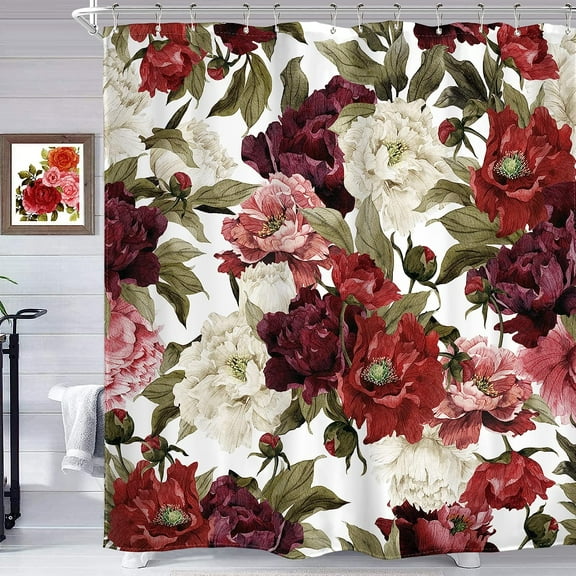 JOOCAR Burgundy Floral Shower Curtain Polyester with Hooks Waterproof Washable 72x72 inch