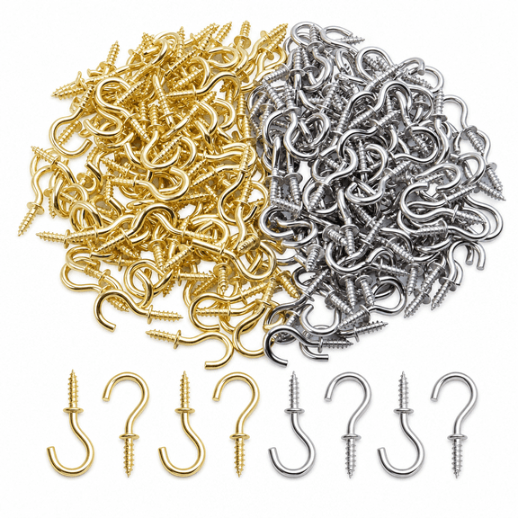 200PCS Metal Screw Hooks – Bulk Gold & Silver Utility Hooks for Home Organizing