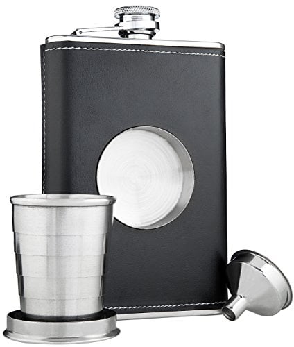 Stainless Steel Hip Flask Collapsible Shot Glass Wraped with Black Leather 