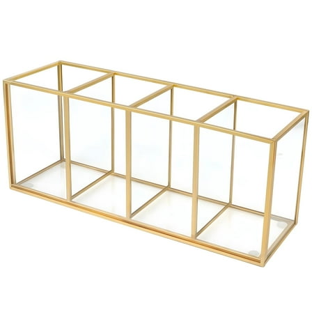Gold Frame Glass Pen Holder, 4-Compartment Desktop Organizer for Office Supplies, Makeup Brushes, Stationery & Home Desk Accessories
