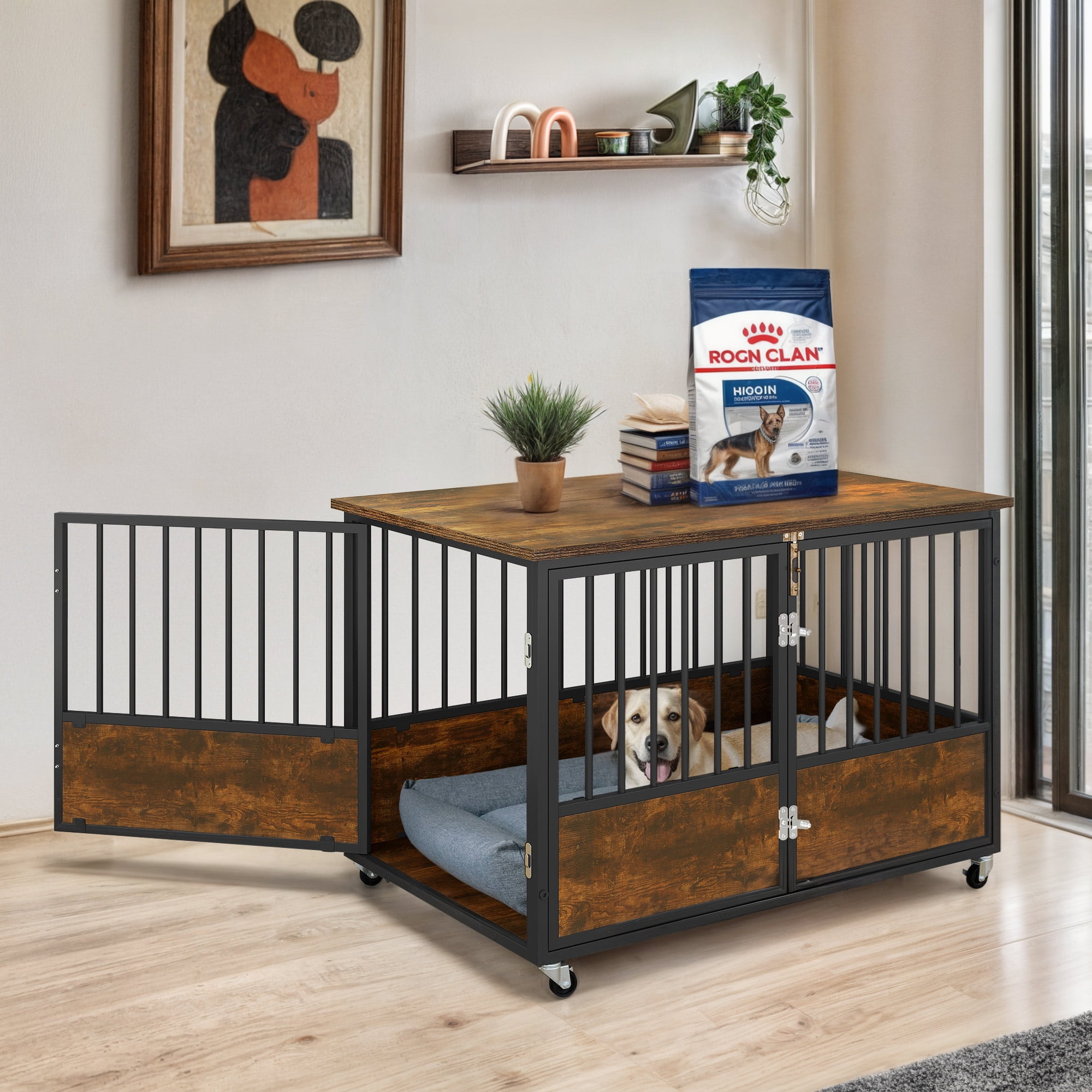 ModFusion 43" Metal Dog Crate Furniture Double Door Wheels Indoor Outdoor Kennel