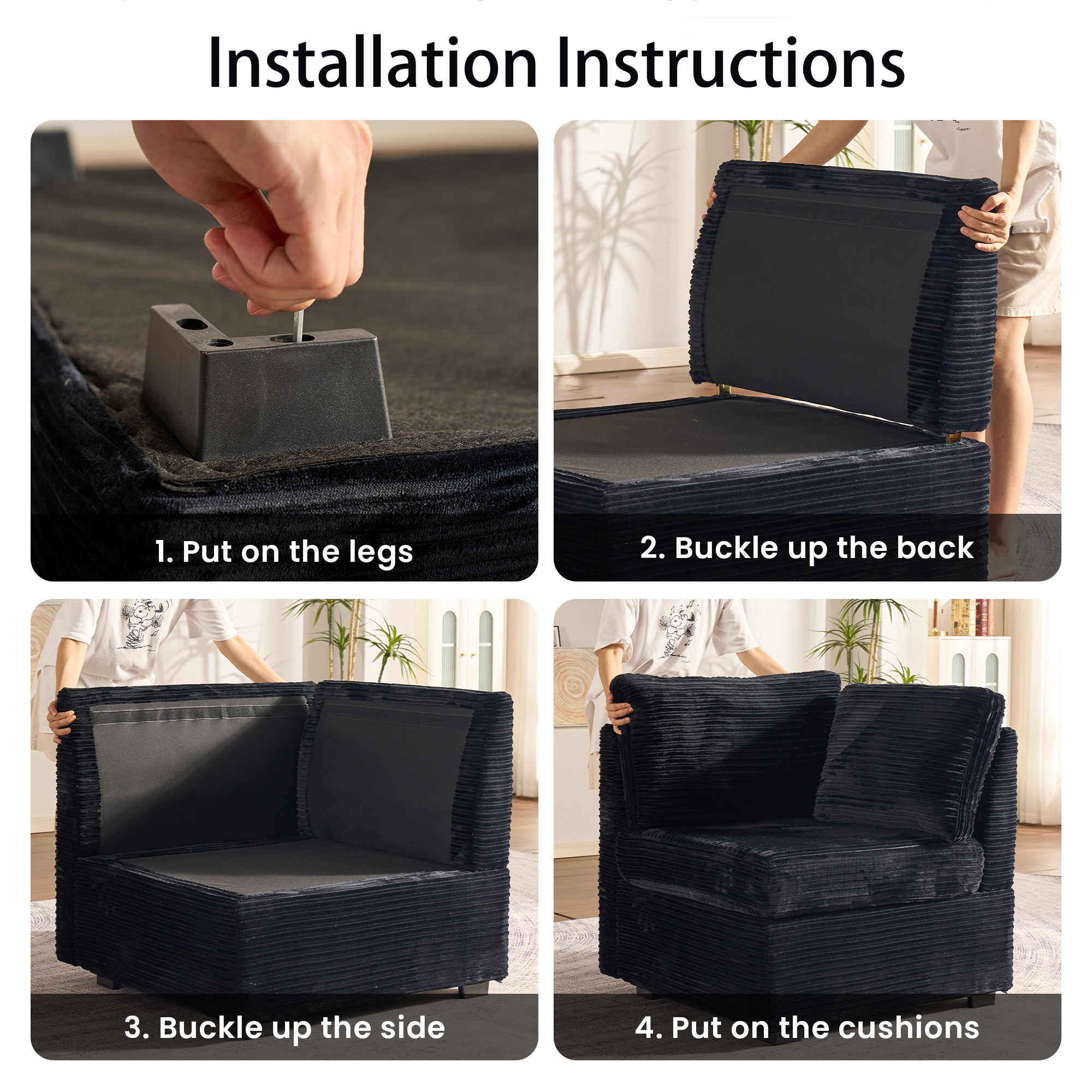 Vcatnet 130.7" Modular Sectional Sofa Couch Corduroy L Shaped Oversized Modern Minimalist Couch with Deep Seat and Ottoman for Living Room, 4 Seat, Black