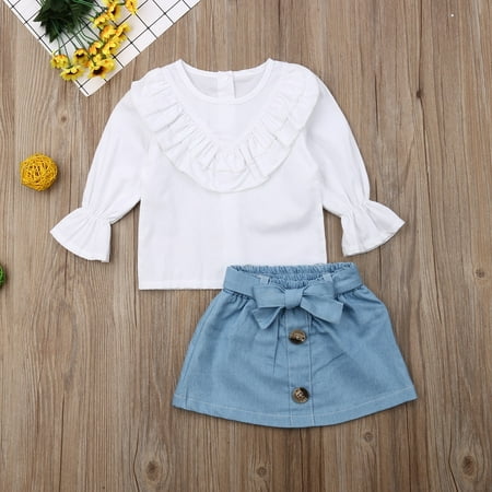 

Newborn Baby Girls Clothes Ruffle Tops T-shirt + Denim Skirt Short Dress Outfits Set