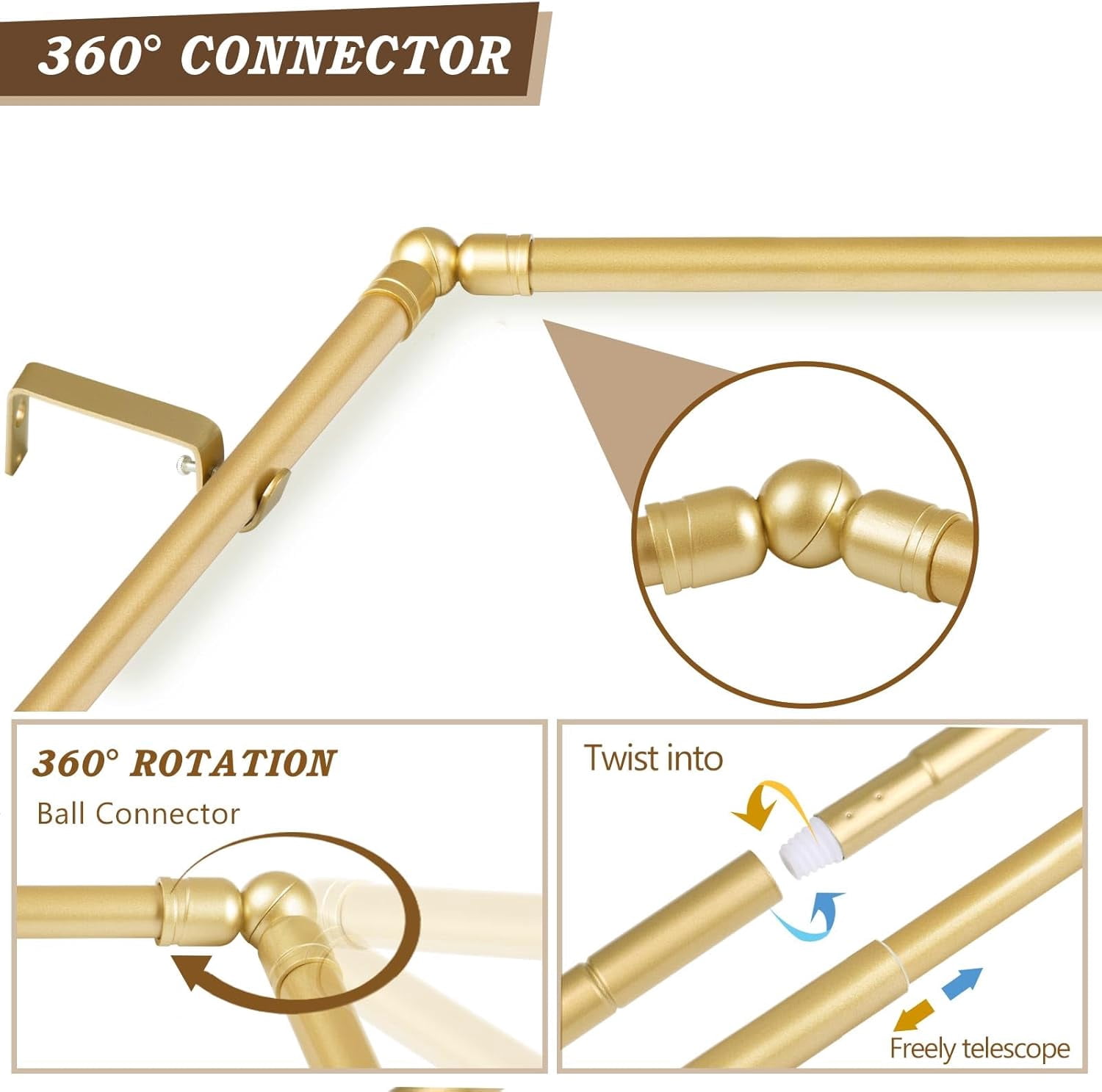 Bay Window Curtain Rods,  Gold Curtain Rods for Bay windows 32 to 86 Inch (Center Rod), 32 to 58 Inch Side Rod for windows, Decorative Drapery Rods with Bling Finials