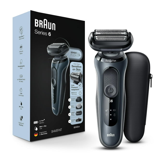 Afeitadora eléctrica Braun Series 6 6046cs para hombre, para uso en seco y húmedo, recargable, inalámbrica, con base de carga, estuche de viaje y recortador de precisión, color negro