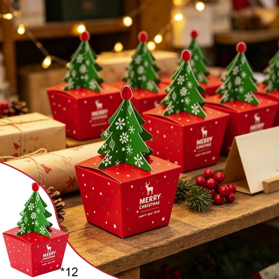 12PCS Christmas Tree Shaped Paper Gift Box Foldable Boxes, Kraft Paper Treat Boxes for Holiday Party Supplies, Christmas Tree Gift Boxes for Cookies Candies and Table Decorations