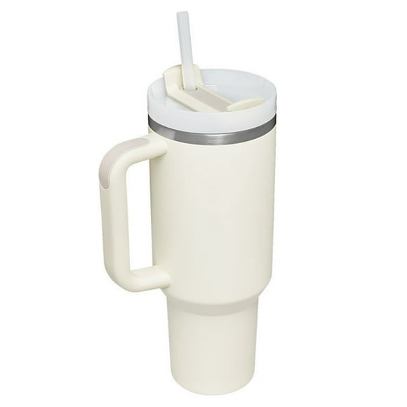 Taza de vacío de 40oz de capacidad Ultra grande, taza aislada color crema con tapas, pajitas para oficina, viajes, escuela