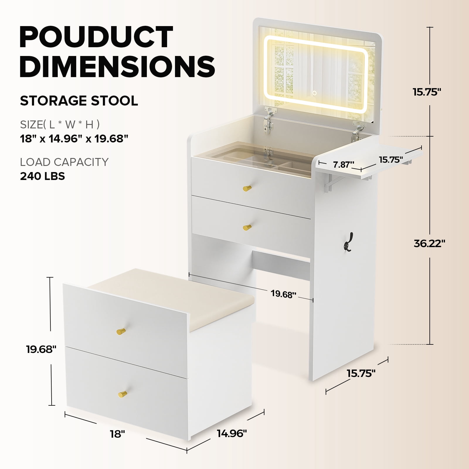LUCKLIFE 3-in-1 Makeup Vanity Set with Lighted Flip Top Mirror & Storage Stool, Small Space Dressing Table with Foldable Side Tray, Glass Top Desk & Nightstand for Bedroom, White