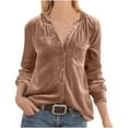 thumbnail image 2 of Spring Tops for Women Clothes under $5.00 Women Cozy Retro Long Sleeve V-Neck Velvet Solid Buttons Pokets Loose Shirts Top/Brown L, 2 of 5