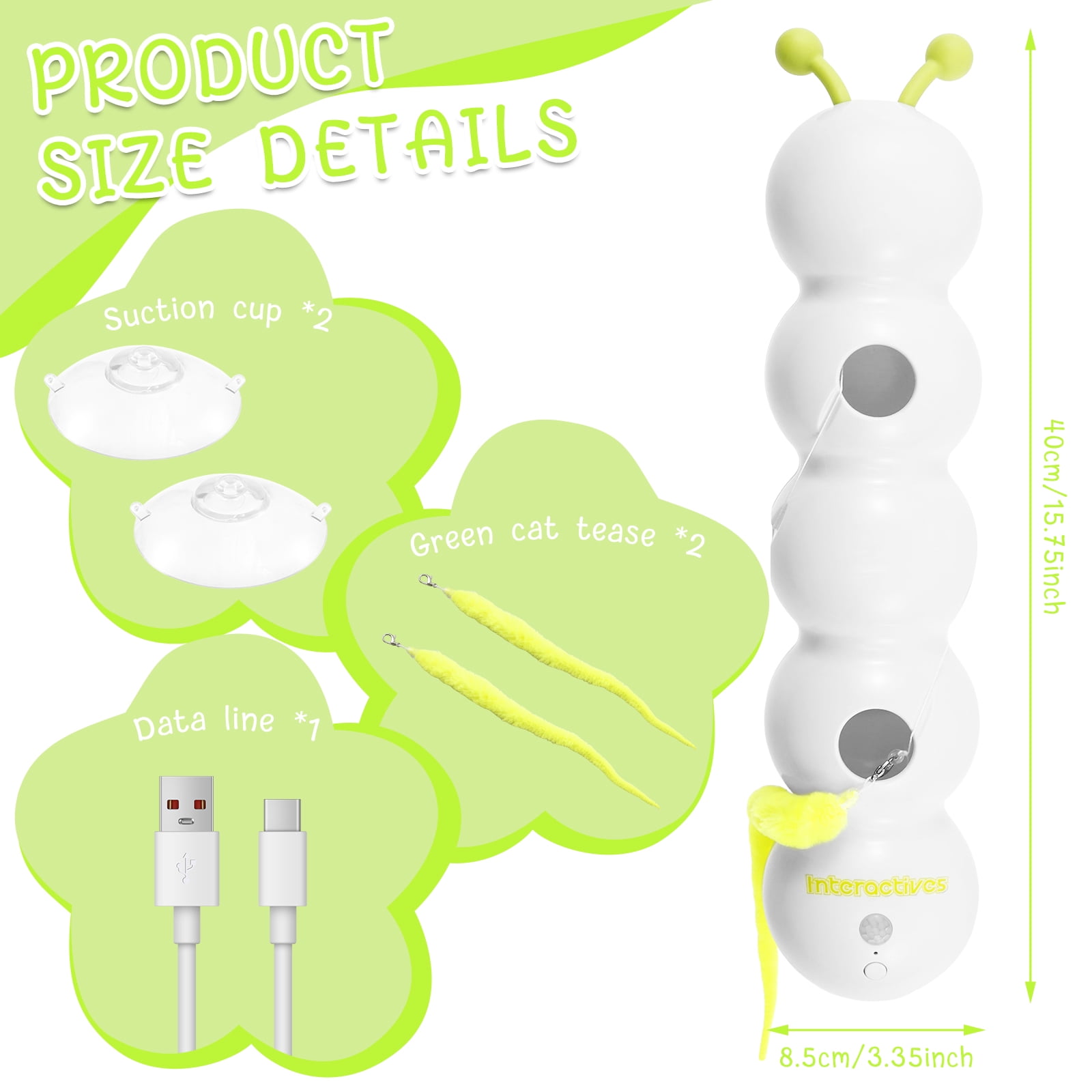 LINFANG Smart Cat Toy with Worm Design Rechargeable Motion Activated Interactive Cat Toy with Suction Cup Wall and Window Mounted for Boredom