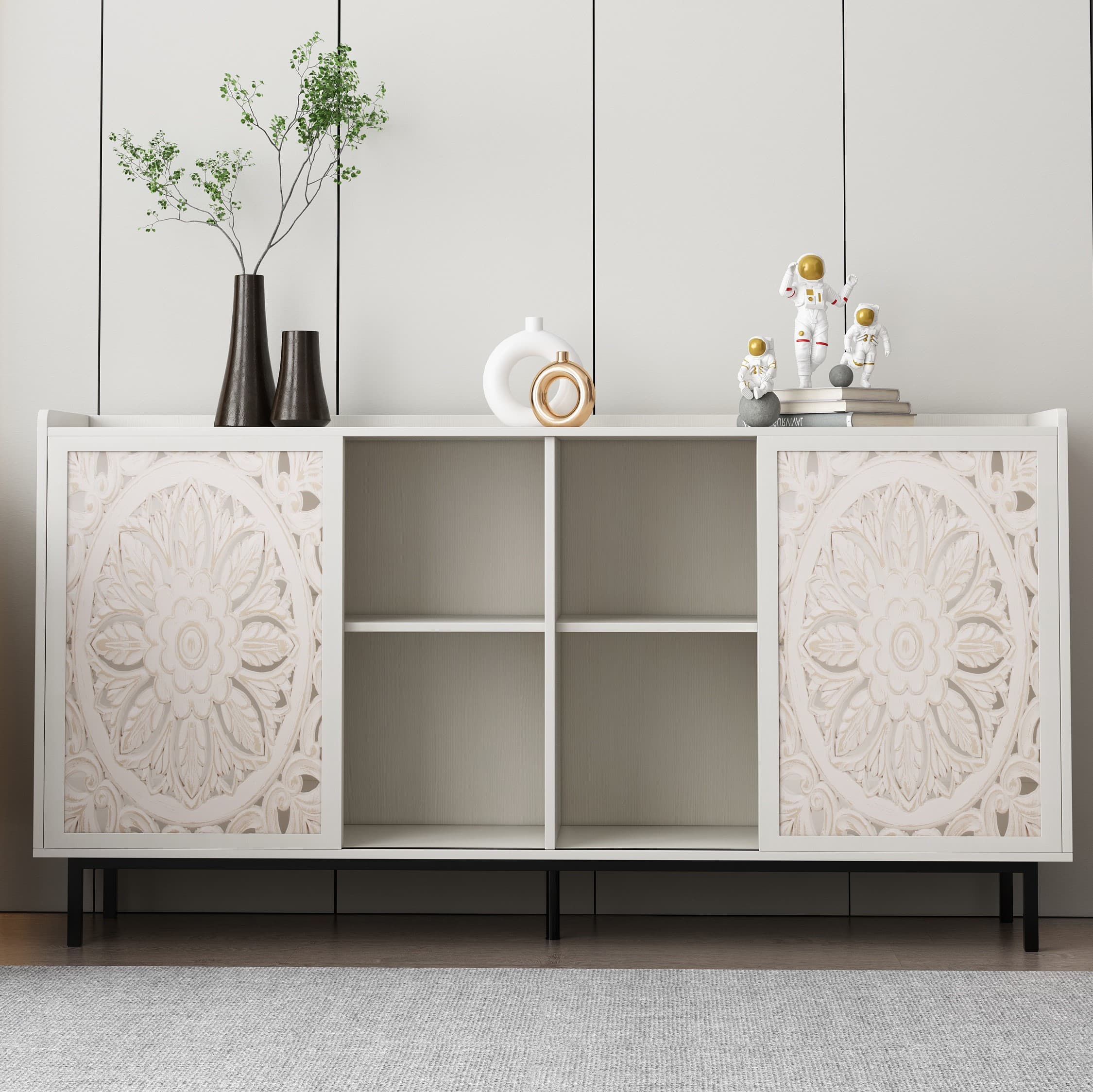 Aukfa Accent Cabinet with Carved Wood Design, Buffet Sideboard & TV Stand for Living Room, Dining Room,White