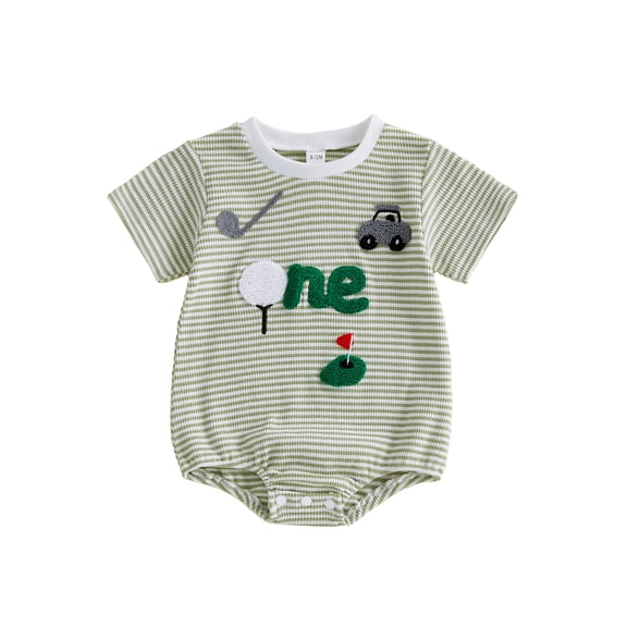 Cenuakty Baby 6M 12M 18M Boy Summer Romper Casual Golf-themed Embroidered Striped Crew Neck Short Sleeve Infant Jumpsuit