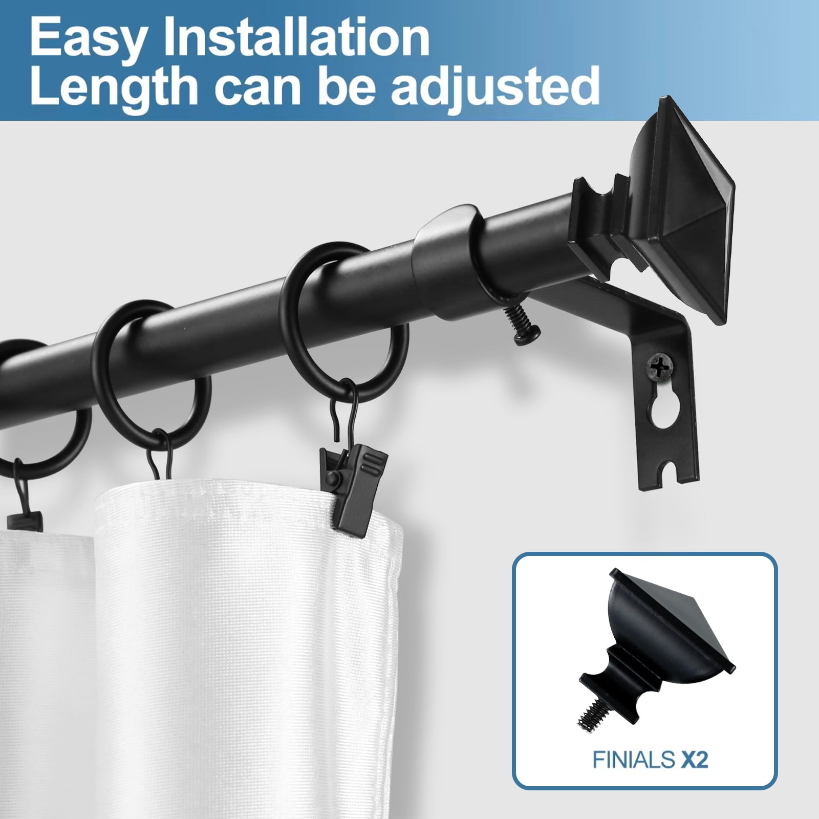 Urbanest Single Curtain Rod with 16 Clip Rings & Decorative Square Urn Finials – Classic Metal Window Drapery Rod Set, Heavy-Duty & Adjustable, 5/8" Diameter, 48" to 84", Matte Black