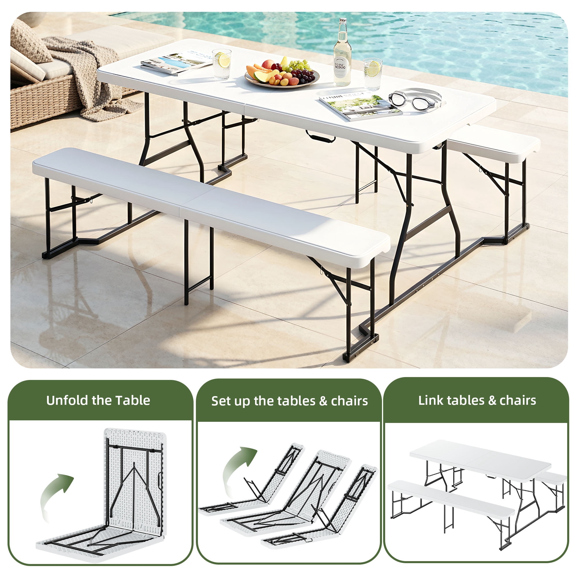 Uforic 6 Ft Folding Picnic Table with Attached Benches, Portable Heavy Duty Outdoor Table with Center Lock & Non-Slip Feet, White