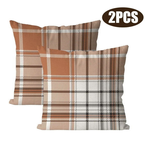 Thanksgiving Fall Pillow Covers Autumn Decorative Throw Pillow Cases Orange Plaids Linen Cushion Covers for Farmhouse Thanksgiving Home 18" x 18" 2 Pack