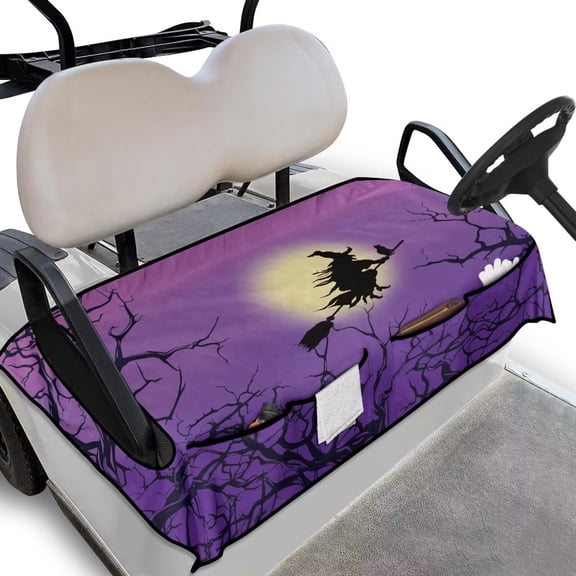 Yuyamidu Halloween Golf Cart Seat Covers with Front Pockets Witch Golf Cart Seat Towel Blanket for Club Car Accessories for 2 Passenger, Purple Halloween Decor
